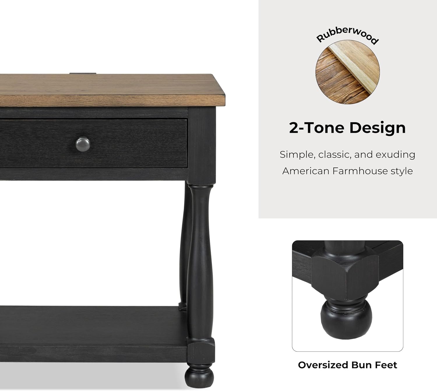 Furniture of America Narella Modern Farmhouse Solid Wood End Tables Set of 2, Bedside Nightstand with Drawer, Shelf and USB Ports, Wooden Night Stand for Bedroom, Dorm, Black/Rustic Oak
