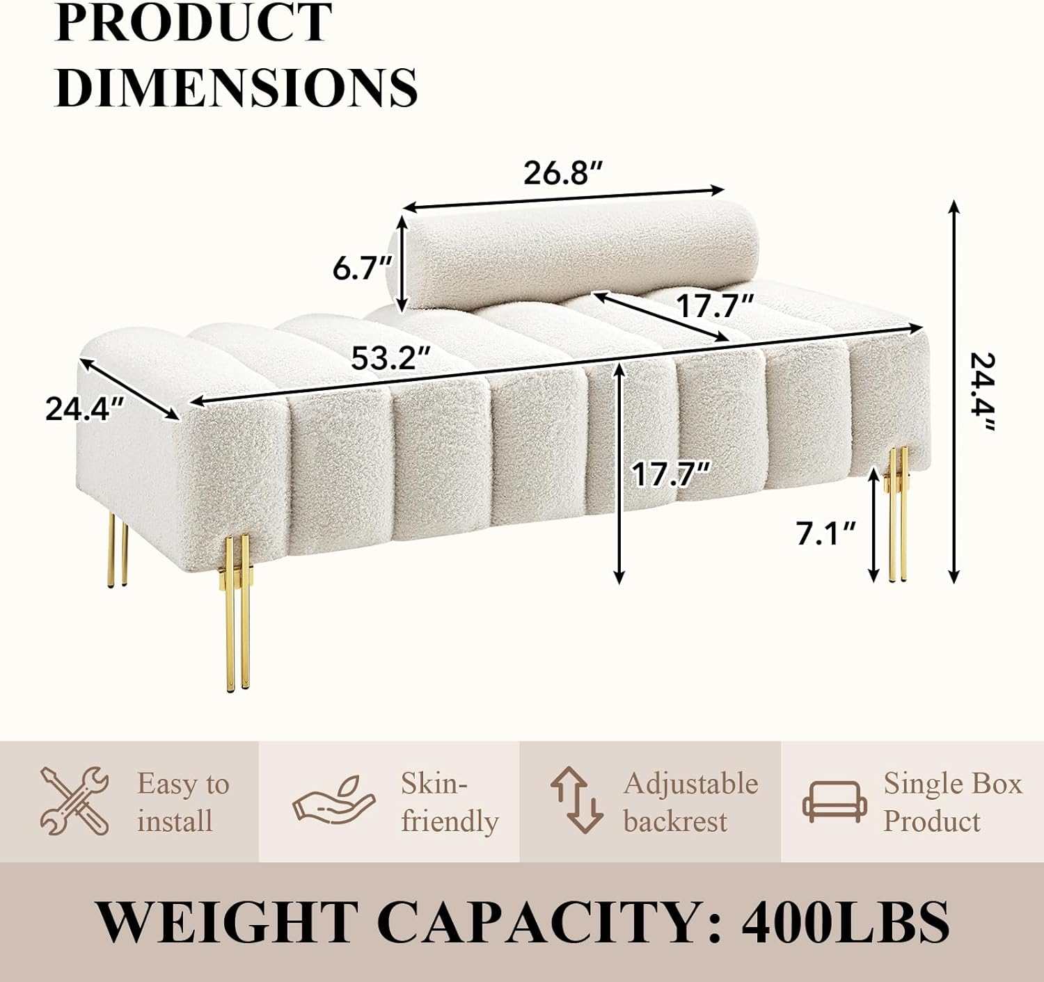 53.2" Width Ottoman Bench, Teddy Upholstered Accent Sofa with Metal Legs, Comfy Love Seat Couches with Adjustable Backrest, End of Bed Bench for Bedroom, Entryway (Beige-Teddy)