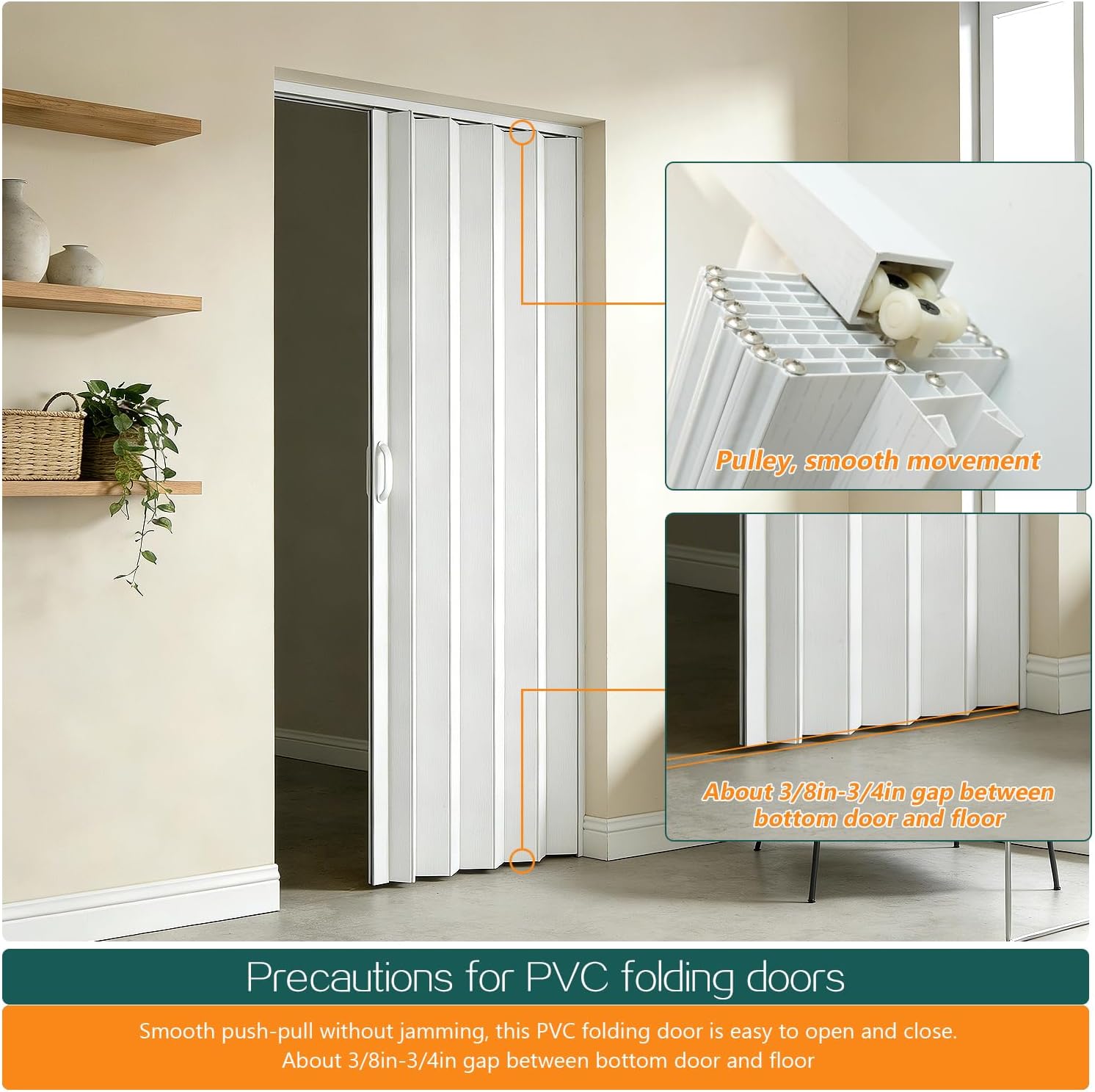 24×80in PVC Internal Accordion Folding Door, Multifold Sliding Door for Closet, White in Color, with Installation Hardware; Handle; Latch.