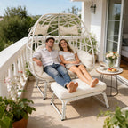Double Wicker Egg Chair with Ottoman Oversized 2 Person Egg Basket Lounge Chair with Cushion & Footrest, Indoor Outdoor Boho Style Double Egg Chair for Patio Balcony Living Room, White-White