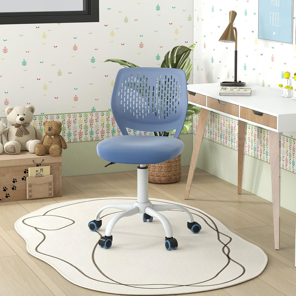 Giantex Modern Kids Desk Chair, Armless Study Chair with Adjustable Height, Ergonomic Office Chair with Wheels, Rolling Swivel Mesh Task Desk Chair for Girls Boys Teens, Blue