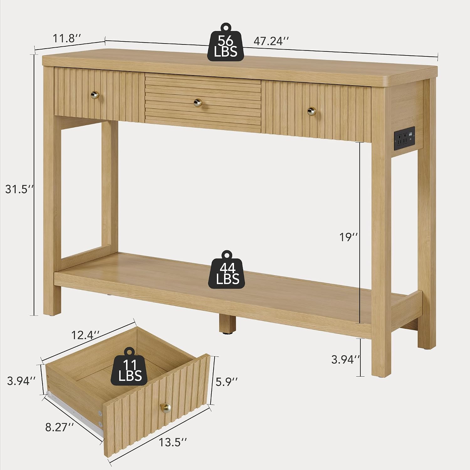 47 Inch Fluted Console Table with Outlets and USB-C Port, Mid Century Modern Sofa Table with 3 Drawers and Open Shelf, Entryway Table with Charging Station for Behind Couch, Hallway, Foyer, Oak