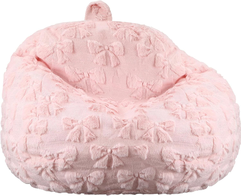 Gilprop Pink Bow Stuffed Animal Storage Bean Bag Chair Cover (No Filler) Fluffy Fuzzy Plush Bean Bag Chair for Teens Adults Soft Faux Cover for Organizing Plush Toys Clothes Home Supplies