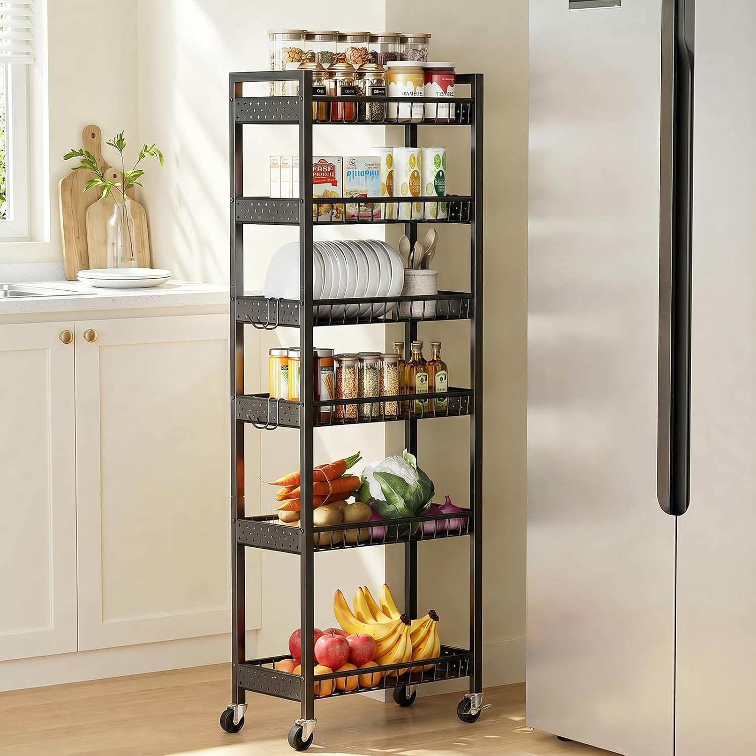 6 Tier Slim Storage Cart, Narrow Rolling Cart with Wheels, Narrow Mobile Utility Shelf Unit Organizer for Kitchen, Bathroom, Laundry Room, Living Room, Small Places, 10in(W), Black