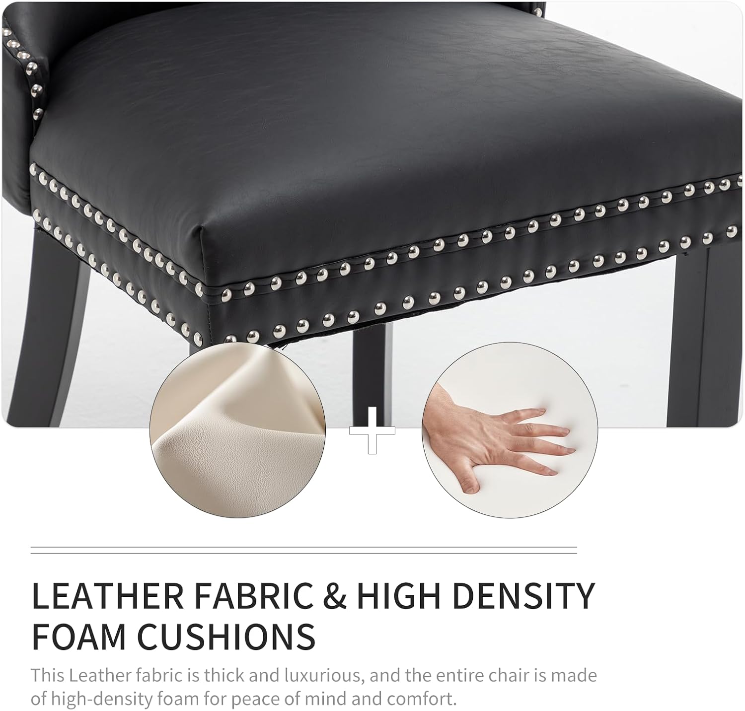 Leather Dining Chairs Set of 4, Upholstered Dining Room Chairs with Nailhead Trim, Sillas de Comedor Modernas 4, Wooden Kitchen Chairs for Dining Room, Living Room, Kitchen, Bedroom, Black