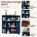 Vabches Corner Cabinet, Corner Storage Shelf with USB Ports and Outlets Industrial Organizer for Small Space Wooden 6-Cubby Bookshelf for Study, Playroom, Living Room (Blue and Brown)