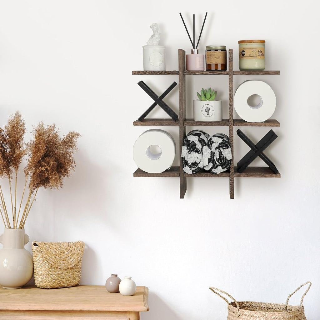 Weysat Tic Tac Toe Toilet Paper Holder Stand Bathroom Wall Decor Rustic Wooden Hanging Storage Freestanding Wall Mounted Shelves Decor for Toilet Tissue Farmhouse