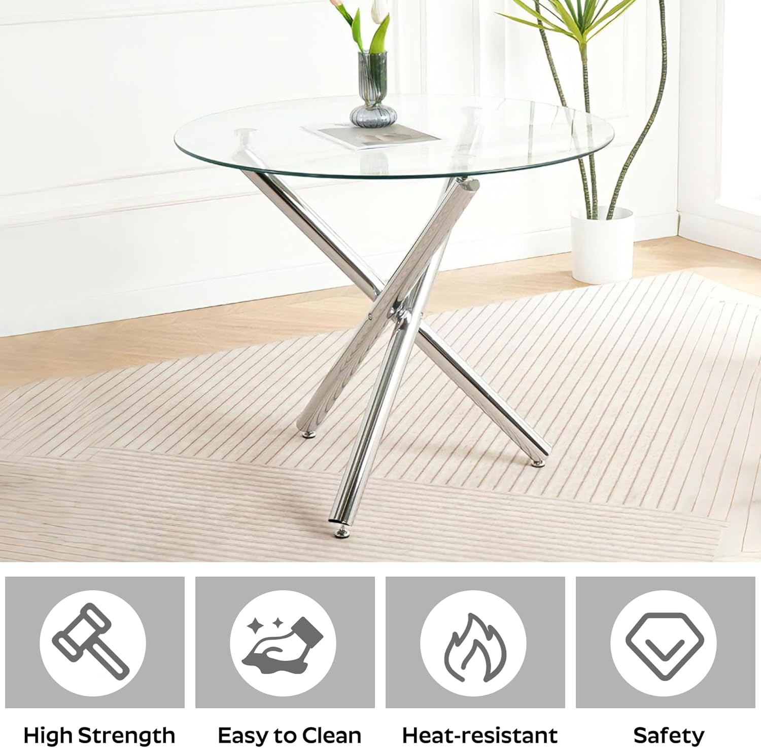 Round Dining Table Set for 4, 5-Piece Kitchen Table and Boucle Chairs for 4, 36" Round Dining Room Table Set with 4 Chairs, Glass Dining Table with Metal Legs for Kitchen, White&Silver