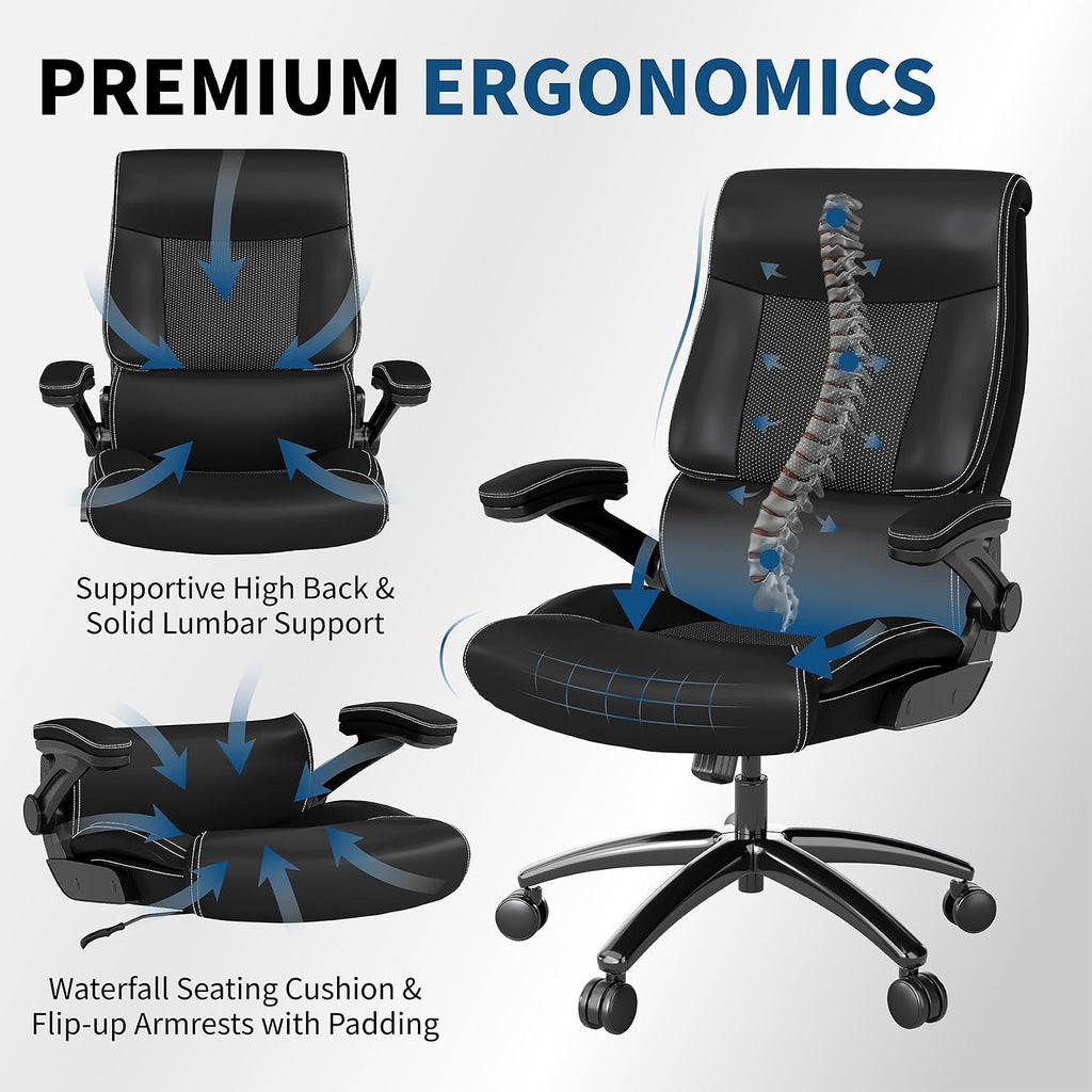 Ergonomic Big and Tall Office Chair, 500LBS PU Leather Executive Desk Chair with Lumbar Support and Flip-up Armrests, High Back, for Home and Office, Black
