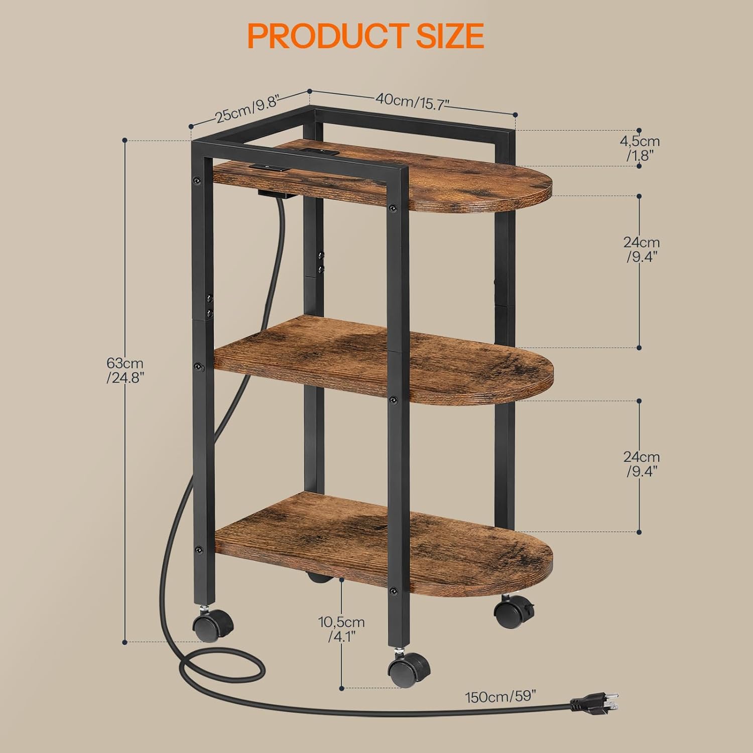 HOOBRO End Table, Rolling Narrow Side Table with Charging Station, with Adjustable Feet and Wheels, Narrow Slim Beside Table for Small Spaces, Living Room, Rustic Brown and Black BF365UBZ01