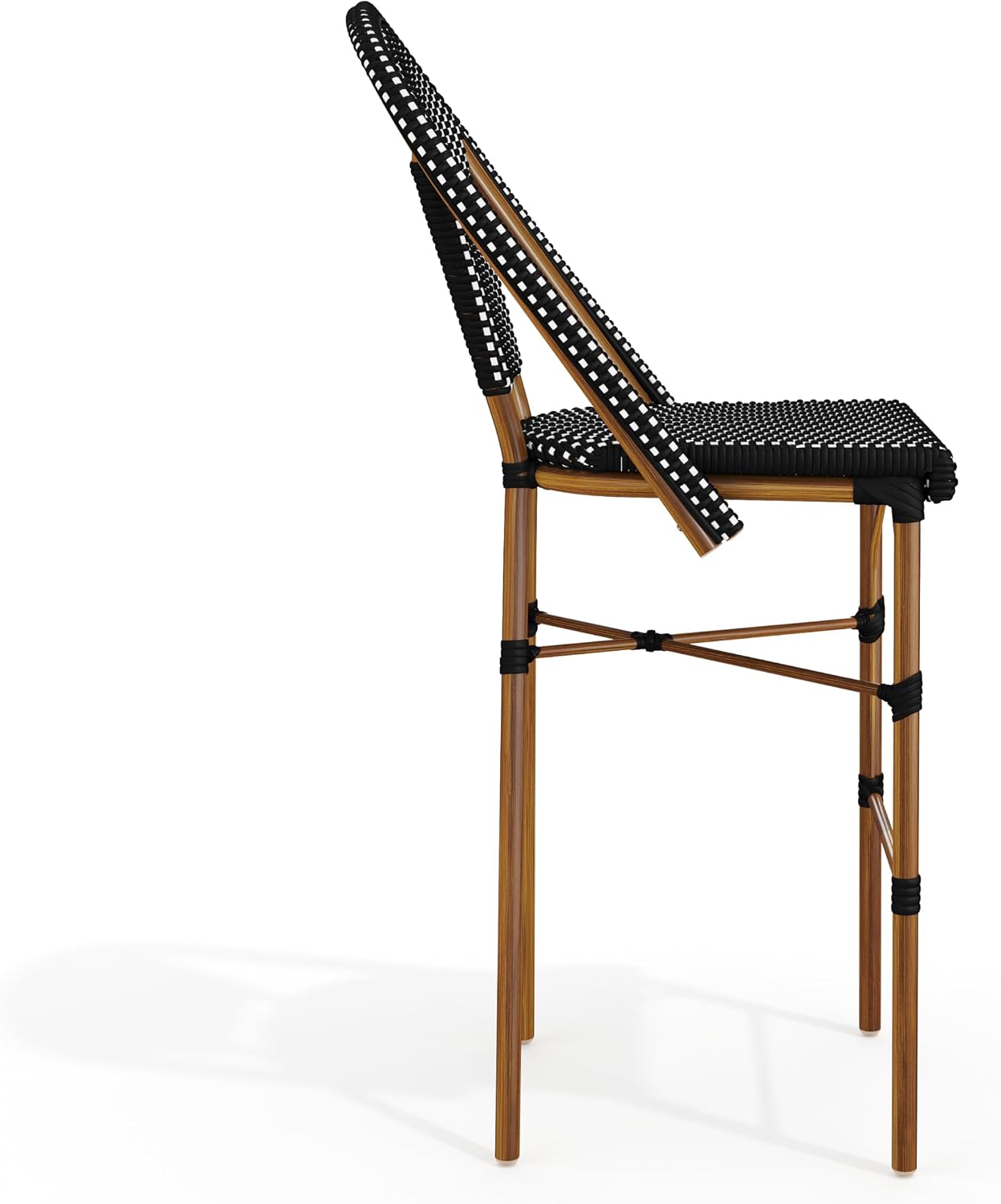 Martha Stewart Lily Pond Indoor-Outdoor Stackable Bar Stools with Natural Woodgrain Aluminum Frame Finish, Black/White Woven Rattan Backrests and Seats, Set of 2