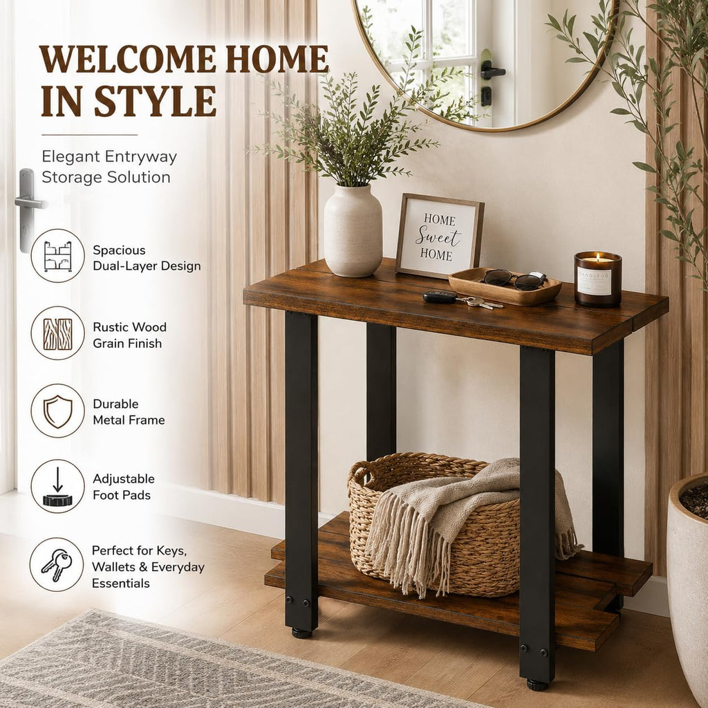 Transitional Narrow End Table, 2-Tier Rustic Side Table with Storage Shelves, Modern Farmhouse Industrial Nightstand for Living Room, Bedroom, Small Spaces, Couch, Rustic Brown