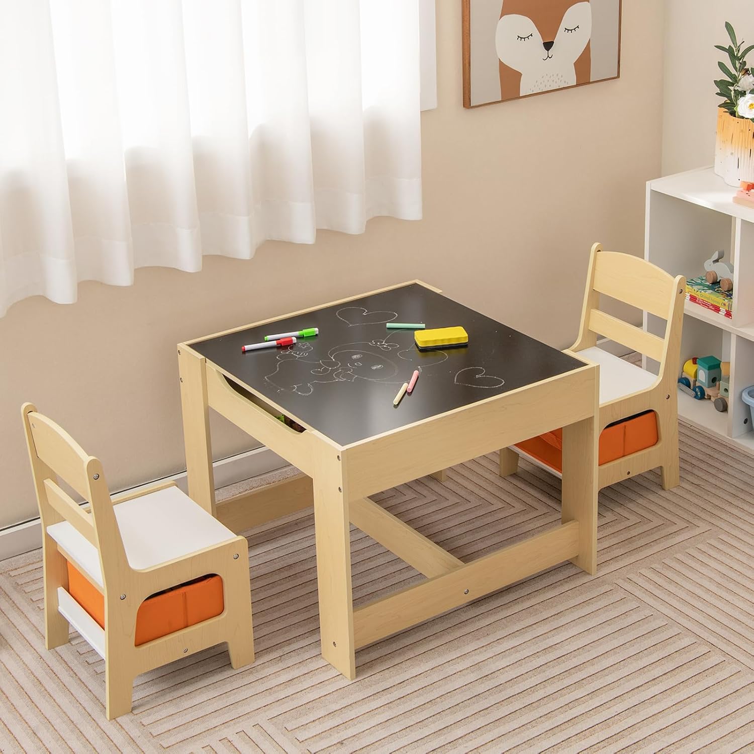 Costzon Kids Table and Chairs, Multifunctional Wooden Toddler Activity Desk Set w/Reversible Tabletop, Storage Drawers and Bookshelves for Drawing, Reading, Crafts, Toddler Table and Chair Set