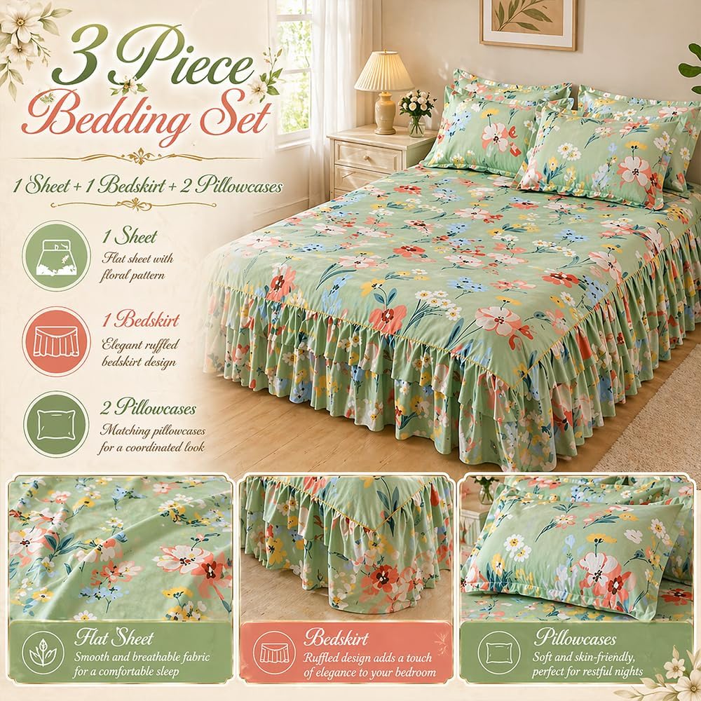 3-Piece Ruffled Bed Skirt Set with Floral Print, Elegant Soft Microfiber Bedding Sheet Double Layer Ruffles Set with 1 Bed Skirt 2 Pillowcases Bedroom Decor for Various Bed Types (Pink,60 * 80in)