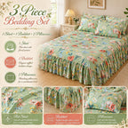 3-Piece Ruffled Bed Skirt Set with Floral Print, Elegant Soft Microfiber Bedding Sheet Double Layer Ruffles Set with 1 Bed Skirt 2 Pillowcases Bedroom Decor for Various Bed Types (Pink,60 * 80in)