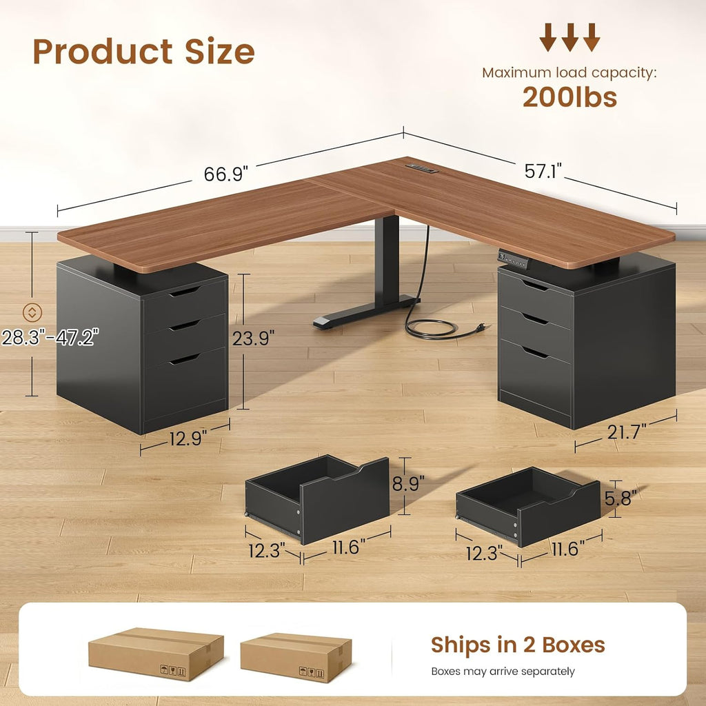 SEDETA L Shaped Electric Standing Desk with 6 Drawers, 66.9" x 57.1" Height Adjustable Stand Up Desk with Power Outlets, 3 Memory Heights, Sit Stand Computer Desk for Home Office, Black + Brown