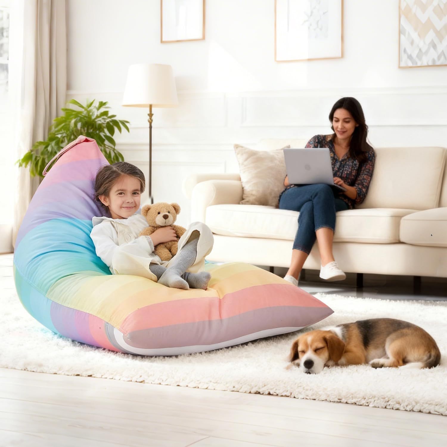 Stuffed Animal Storage Bean Bag Chair Cover for Kids Teens (No Filler) 250L Washable Large Beanbag Cover for Kids Room Organizing Plush Toys or Home Living Room Textile,Rainbow