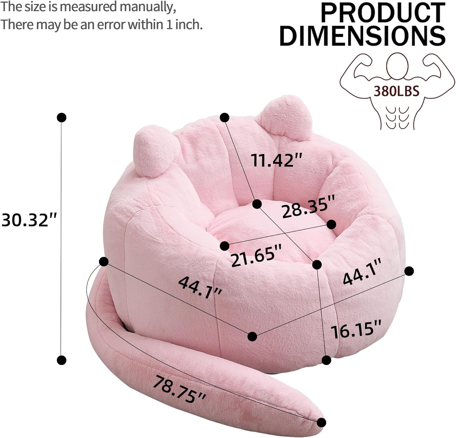 YISHENG Faux Fur Bean Bag Chairs, Cat Design，Large Bean Bag Couch for Adults,Stuffed Single Sofa Chair Comfy Giant Bean Bag Chair with Spacious Design for Playing or Bedroom,Reading Pink