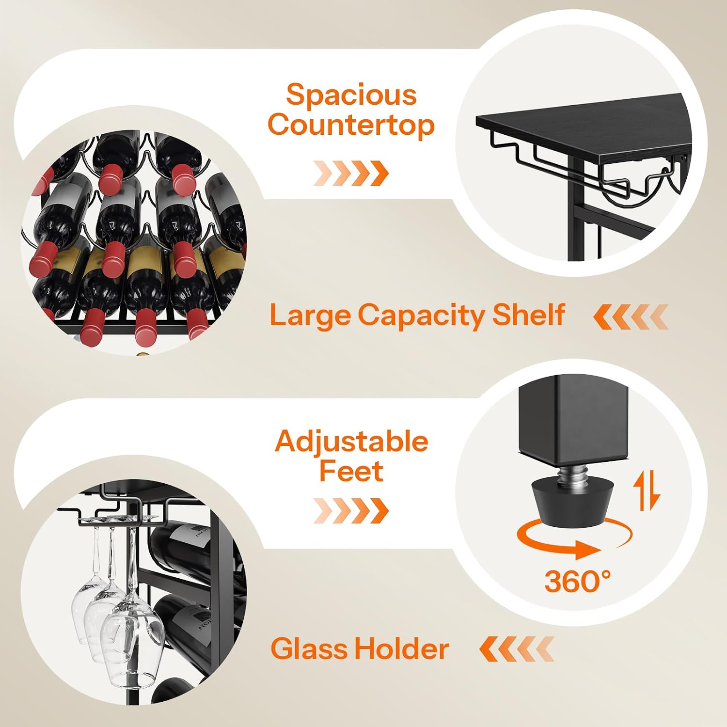 HOOBRO 5-Tier Wine Rack with Glass Holder, Wine Storage Freestanding Floor, Versatile Corner Liquor Cabinet, Alcohol Bottle Display Shelf for Home Bar, Kitchen, Living Room, Black BB68JJ01
