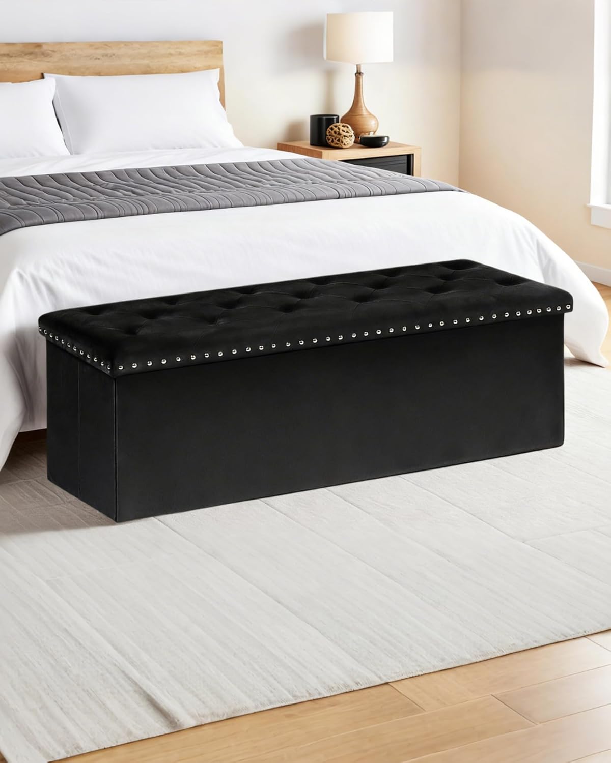 Velvet Storage Ottoman Bench, 43.3" Upholstered Tufted Ottoman with Storage, Folding Footrest Bench for Bedroom, Living Room, or Entryway, Black