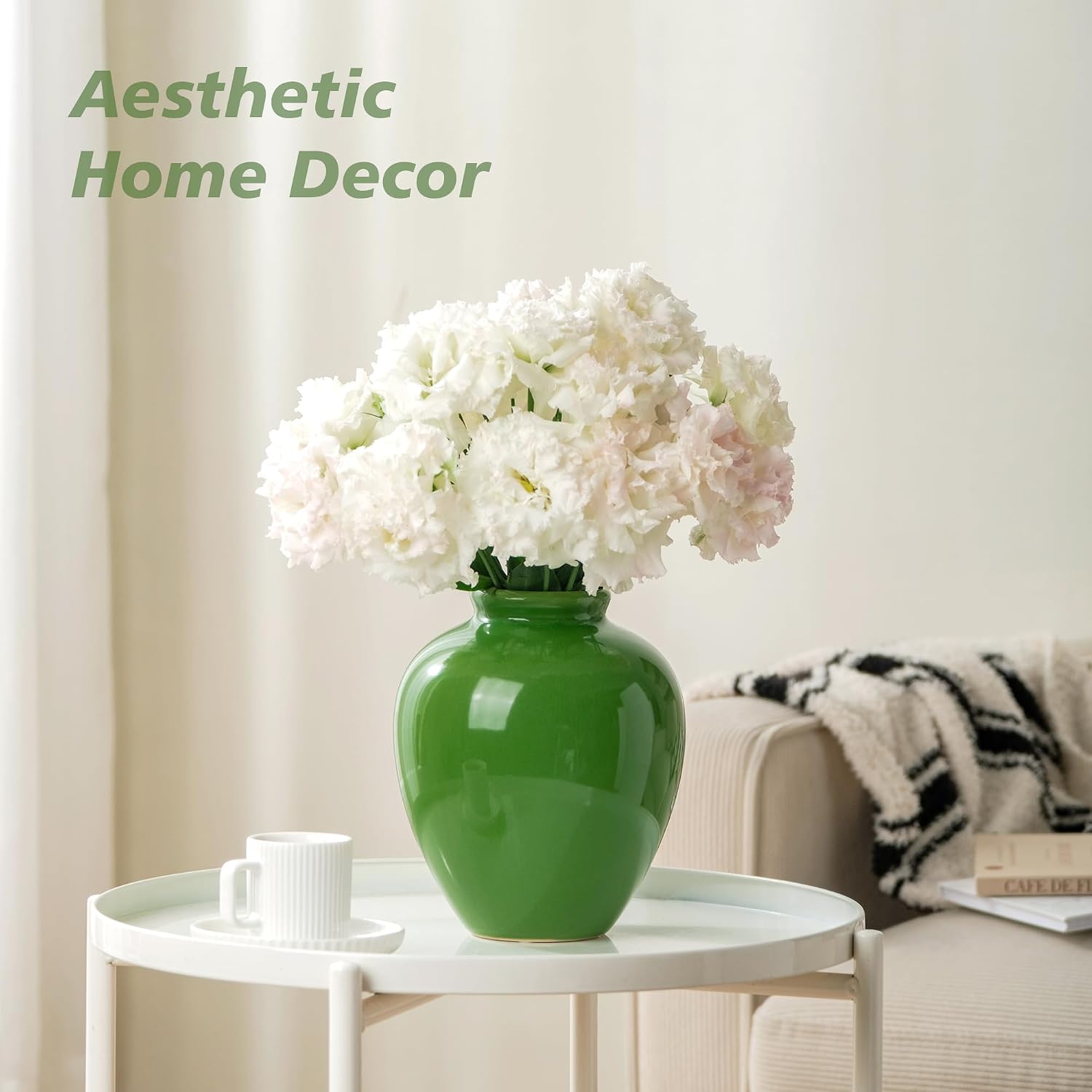 7.5IN Green Ceramic Vase, Vintage Flower Vases with Ice Cracked Glazed for Home Decor, Rustic Decorative Chinoiserie Vase for Table Centerpiece Living Room Shelf Farmhouse Decor