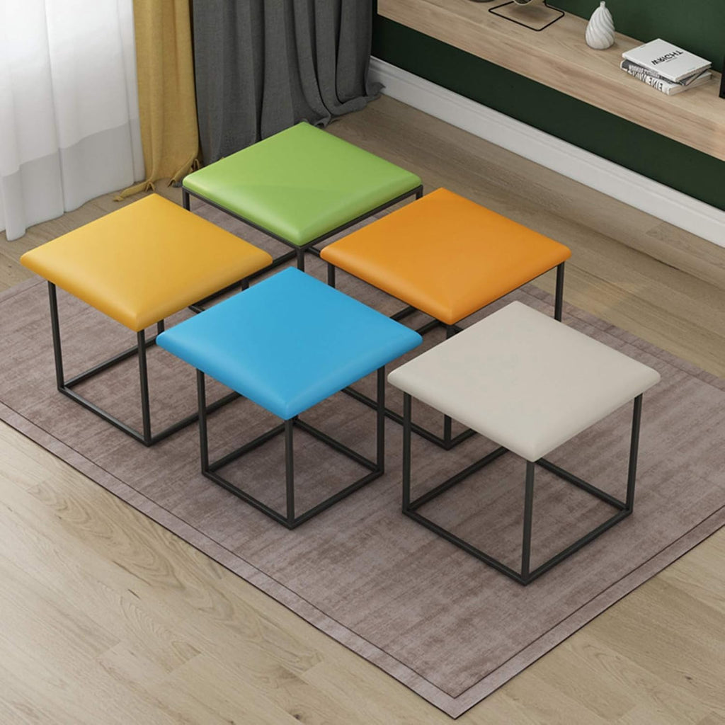 Blue Leather Square Stool with Storage Footstool and Padded Seat