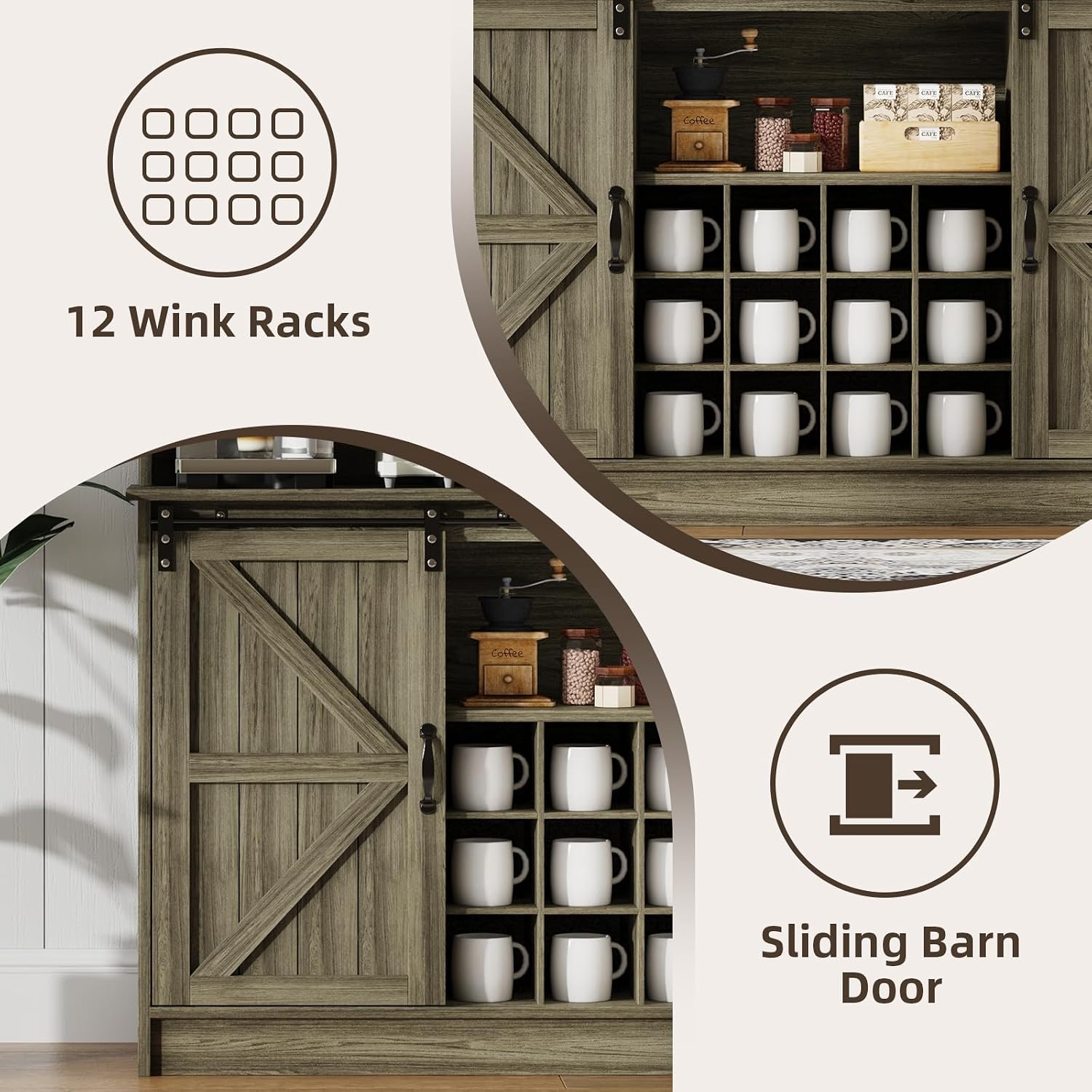 4ever2buy Farmhouse Coffee Bar Cabinet with 8 Hooks, 55” Kitchen Hutch Cabinet with Storage, Gray Coffee Bar with Sliding Barn Doors and 12 Racks for Living Dining Room, Wash Gray