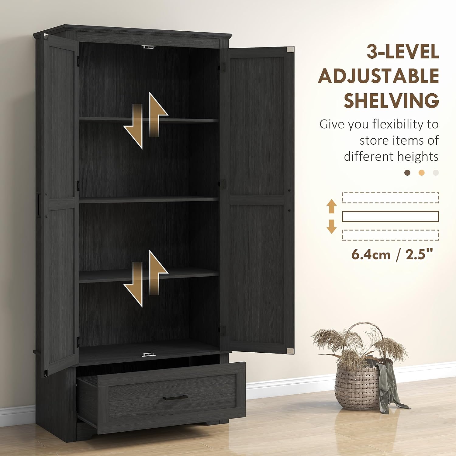 69" Tall Kitchen Pantry Storage Cabinet, Farmhouse Freestanding Pantry Cabinet with 2 Doors, Drawer and Adjustable Shelves for Dining Room, Black,15.7 * 31.5 * 68.9