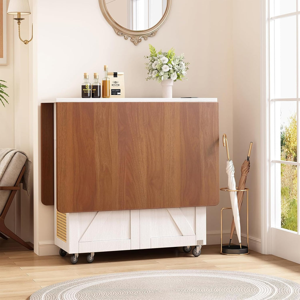 51″ Transformer Table for 2-4, Farmhouse Foldable Dining Table with Drawer and Power Outlet, Small Dining Table with 6 Wheels for Small Space, Walnut