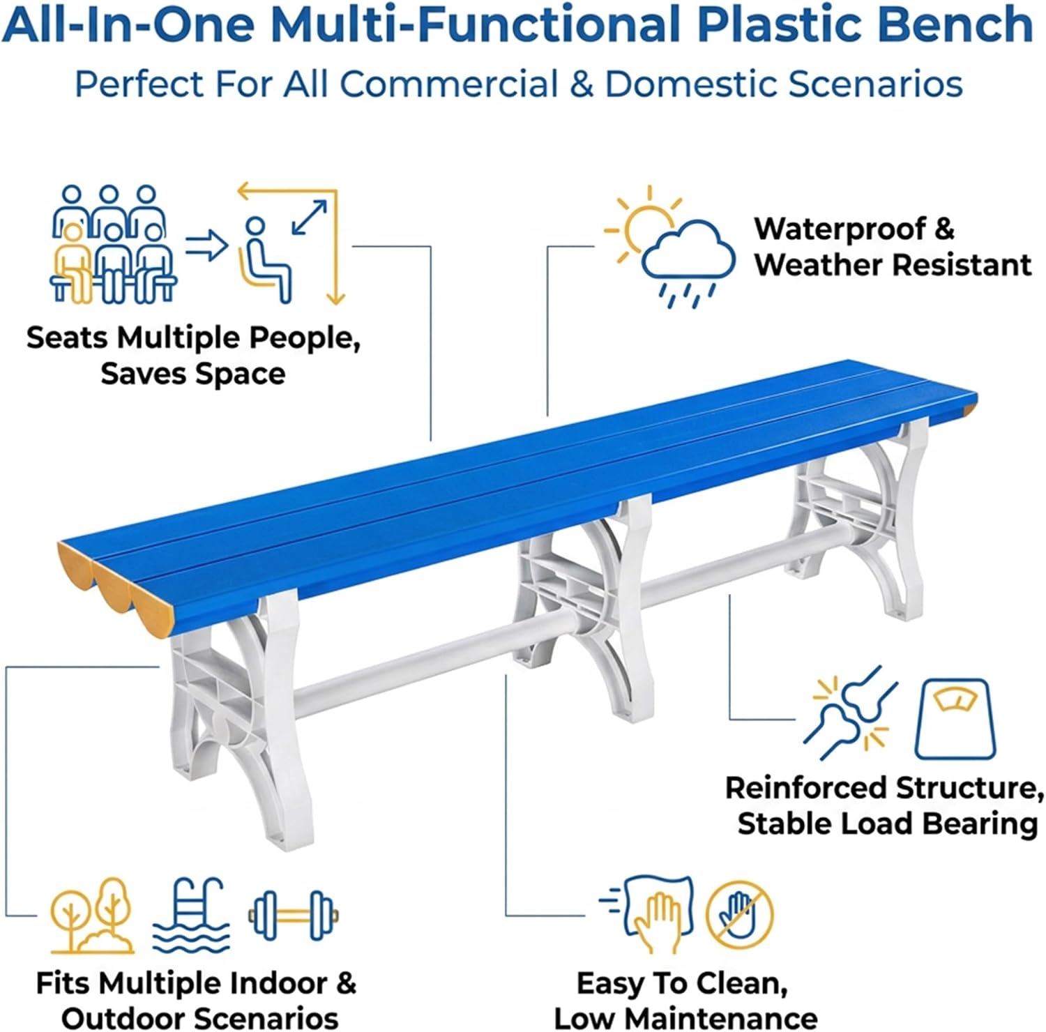ABS Plastic Utility Bench for Locker Room, Pool, Gym and Spa, Indoor Outdoor Seating Bench(80inch)