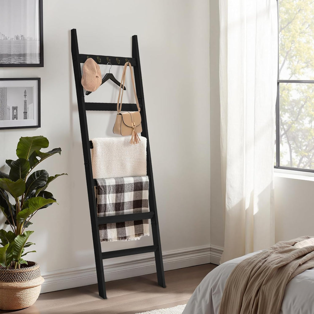 TEAKMAMA 6-Tier Blanket Ladder for Living Room and Bedroom,5.4 Ft Wall Leaning Quilt Rack with Hooks,Rustic Decorative Farmhouse Blanket Storage,Stylish Ladder Holder,Christmas Decorations,Black