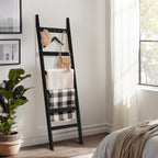 TEAKMAMA 6-Tier Blanket Ladder for Living Room and Bedroom,5.4 Ft Wall Leaning Quilt Rack with Hooks,Rustic Decorative Farmhouse Blanket Storage,Stylish Ladder Holder,Christmas Decorations,Black