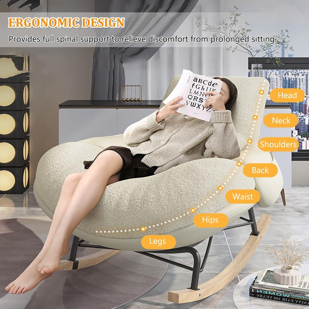Modern Accent Rocking Chair with Armrests, Nursery Rocking Chairs with Ottoman, Upholstered Recliner Chair High Back, Ergonomic Design, Sled-Style Solid Wood Base, Wide Seat Surface for Bedroom(Khaki)