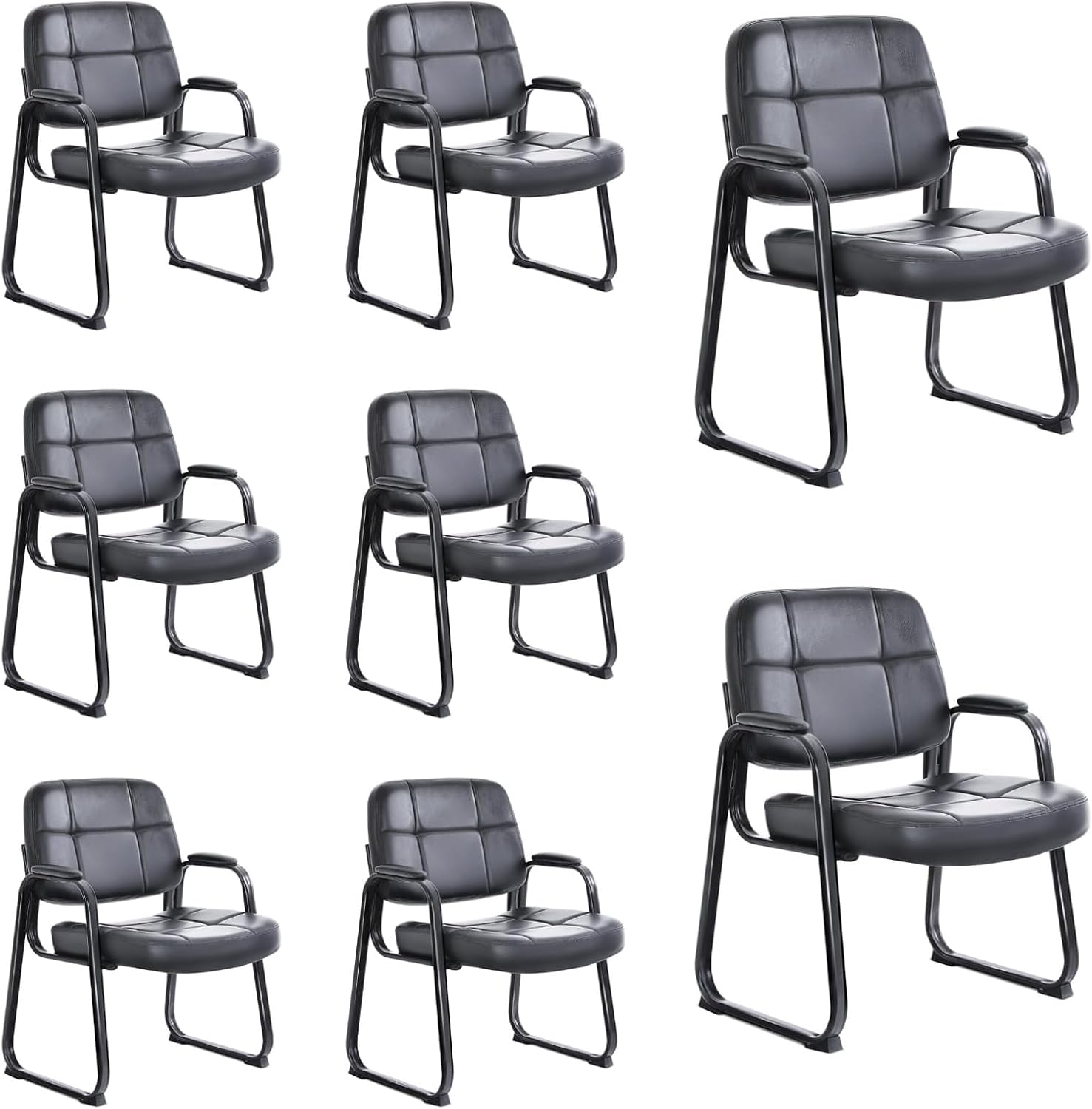 CLATINA Set of 8 Big & Tall 400 lbs Waiting Room Guest Chair, Leather Office Reception Chair No Wheels with Backrest Wide Seat and Padded Arms for Home Lobby Conference Waiting Room Office, Black