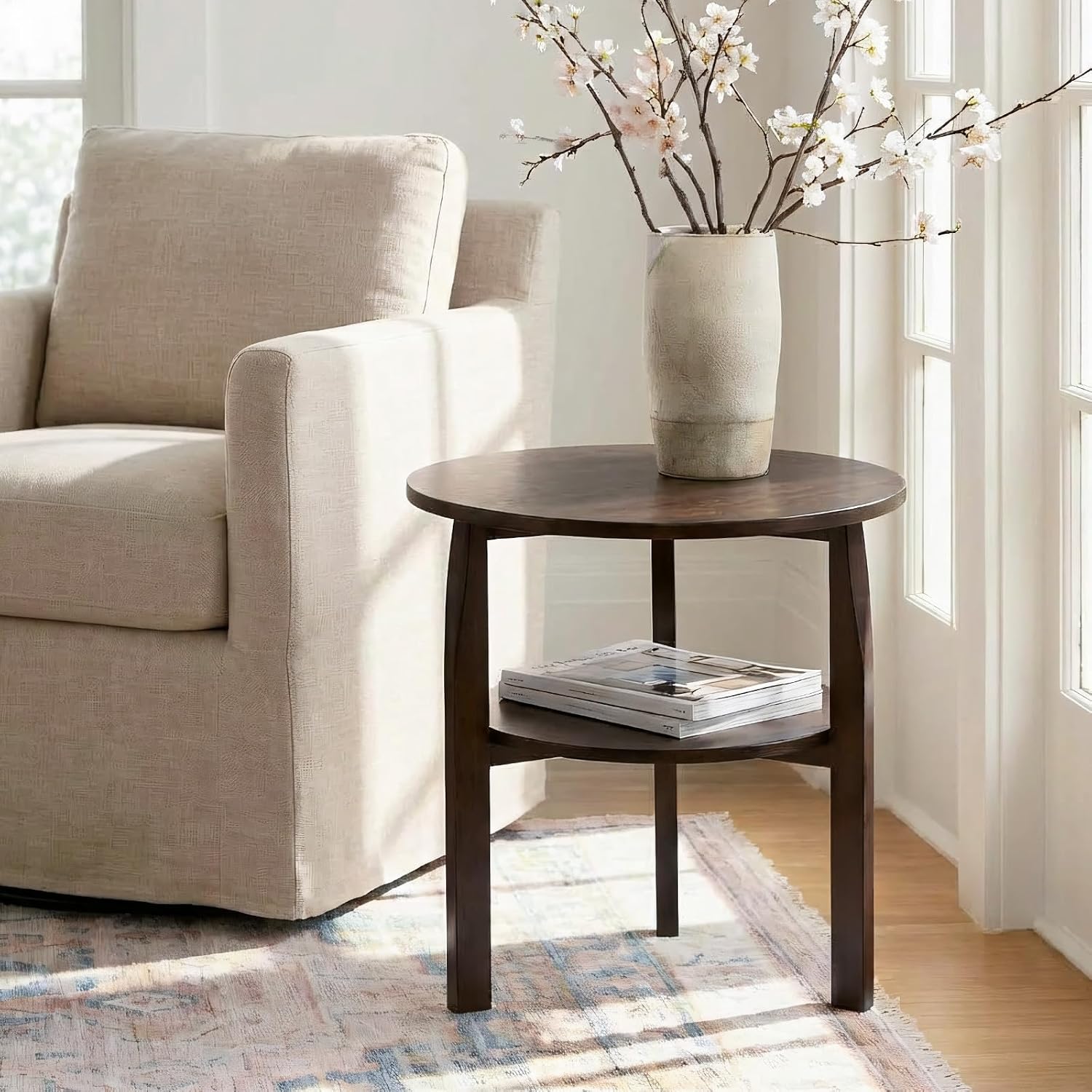 Round Side Table with 2-Tier Shelf Wood End Table | Mid Century Modern Accent Table for Living Room Solid Wood Nightstand for Bedroom Easy Assembly 22.8"D x 23.6"H Walnut