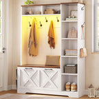 Itaar Hall Tree with Bench and Shoe Storage, Farmhouse Entryway Bench with Coat Rack, Shoe Cabinet with Flip Drawers, 7 Shelves, 10 Coat Hooks, Storage Bag, Led Lights, White