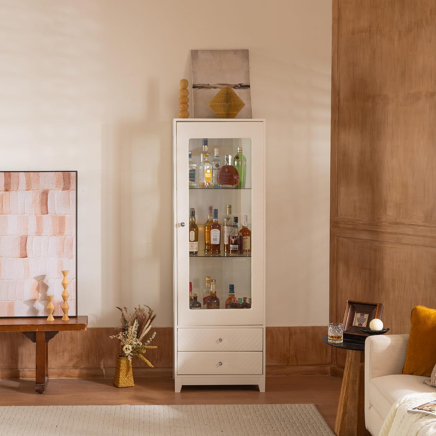 roomfitters 71'' Display Cabinet with Glass Door, Freestanding Pantry Storage Cabinet with Adjustable Shelves for Dining, White
