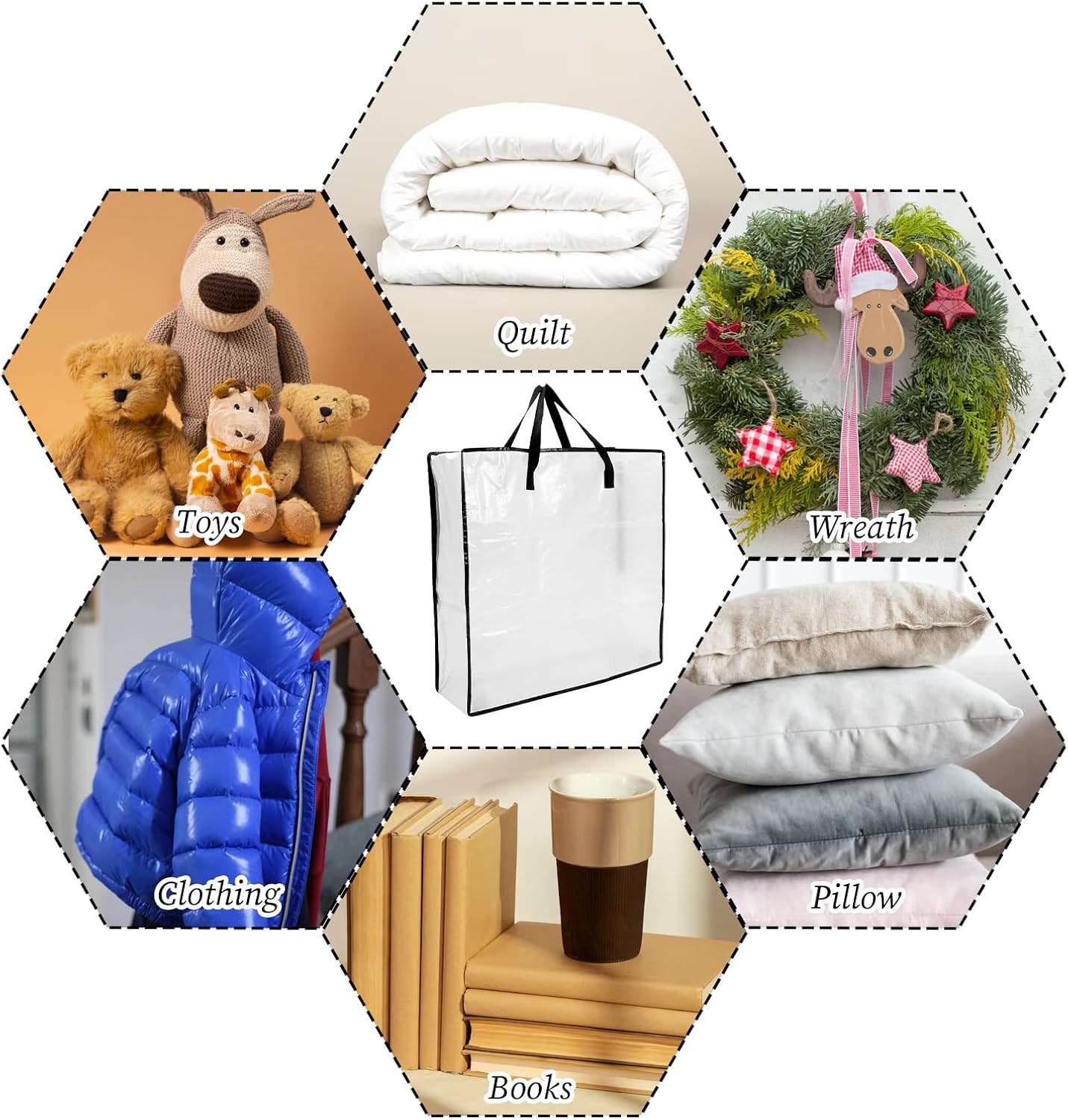 5 Pack Moving Bags, Wreath Storage Bag, Garland Container, Clear Storage Bags with Handles and Zippers Moving Bag for College Carrying, Bedding, Gift Organizer, Under the Bed Storages