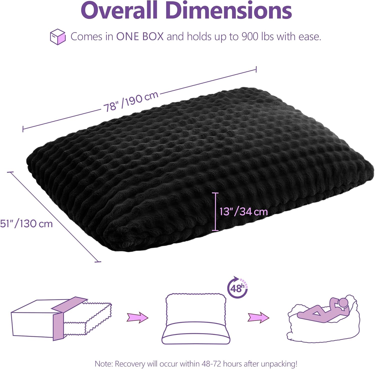 TYBOATLE 3 in 1 Giant Bean Bag Chair for Adults, Plush Fluffy Bean Bag Couch w/High-Density Memory Foam Filling, Convertible Floor Sofa to Mattress for Dorm, Apartment (Black)