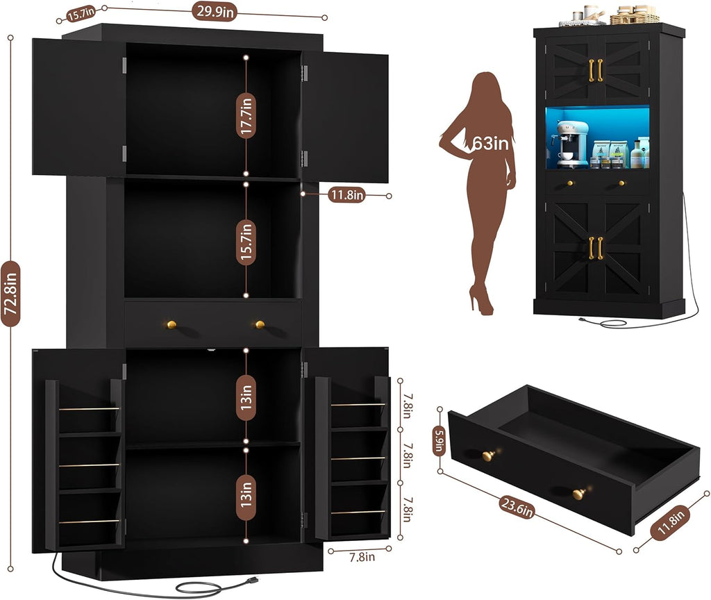 DINGIPP 73" Pantry Cabinet with Charging Station & LED Light, Tall Kitchen Pantry Cabinet with Microwave Stand and 1 Large Drawer, Kitchen Storage Cabinet with 4 Doors for Kitchen, Dining Room, Black