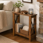 Slim Side Table, 6.6 Inch Ultra Narrow End Table with 2 Tier Storage, X-Frame Small Accent Table for Small Spaces, Gap Solution for Couch, Sofa and Living Room, Rustic Brown