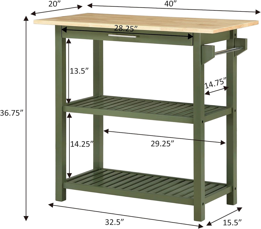Convenience Concepts Designs2Go 3 Tier Butcher Block Kitchen Prep Island 40" - 3 Tier Modern Cooking Cart with Drawer, Food Serving Station for Kitchen, Dining Room, Dark Green Sage