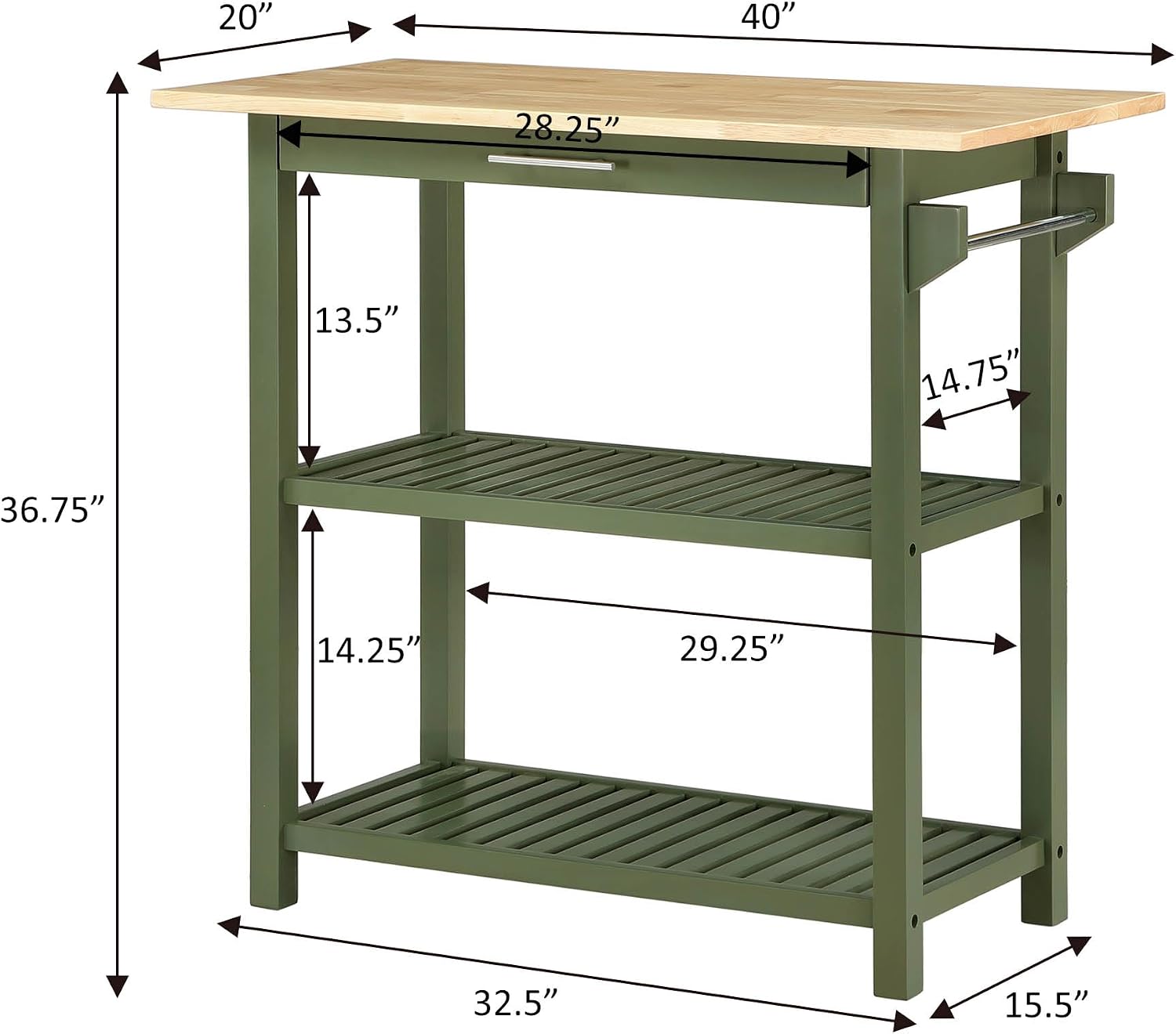 Convenience Concepts Designs2Go 3 Tier Butcher Block Kitchen Prep Island 40" - 3 Tier Modern Cooking Cart with Drawer, Food Serving Station for Kitchen, Dining Room, Dark Green Sage