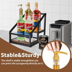 YQBRAO Coffee Syrup Rack Organizer,Liquor Bottle Display Shelf,2-Tier 4 Bottle Stand for Coffee Bar, Kitchen Station, Liquor, Wine, Dressing,Rustic Brown