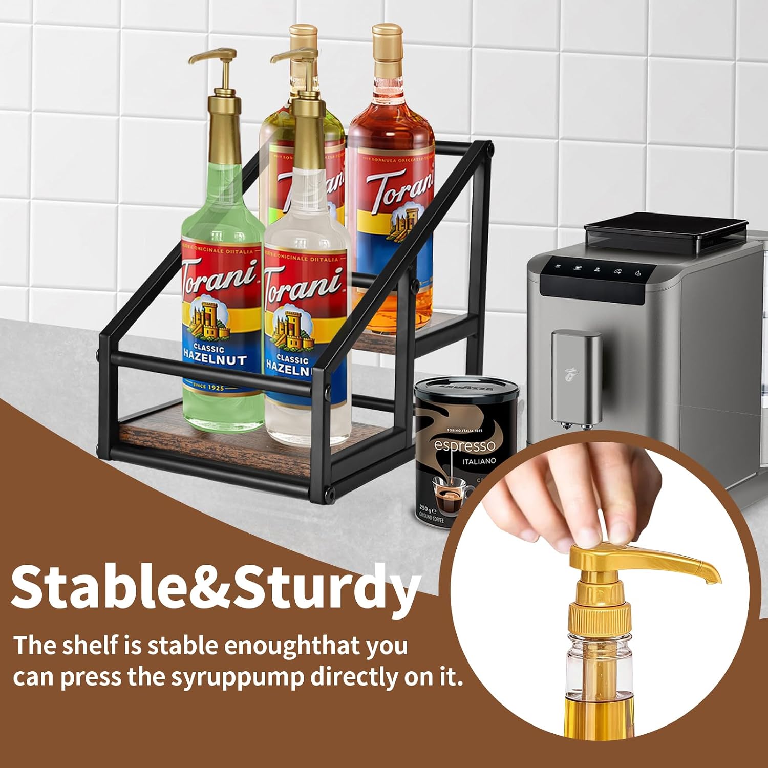 YQBRAO Coffee Syrup Rack Organizer,Liquor Bottle Display Shelf,2-Tier 4 Bottle Stand for Coffee Bar, Kitchen Station, Liquor, Wine, Dressing,Rustic Brown