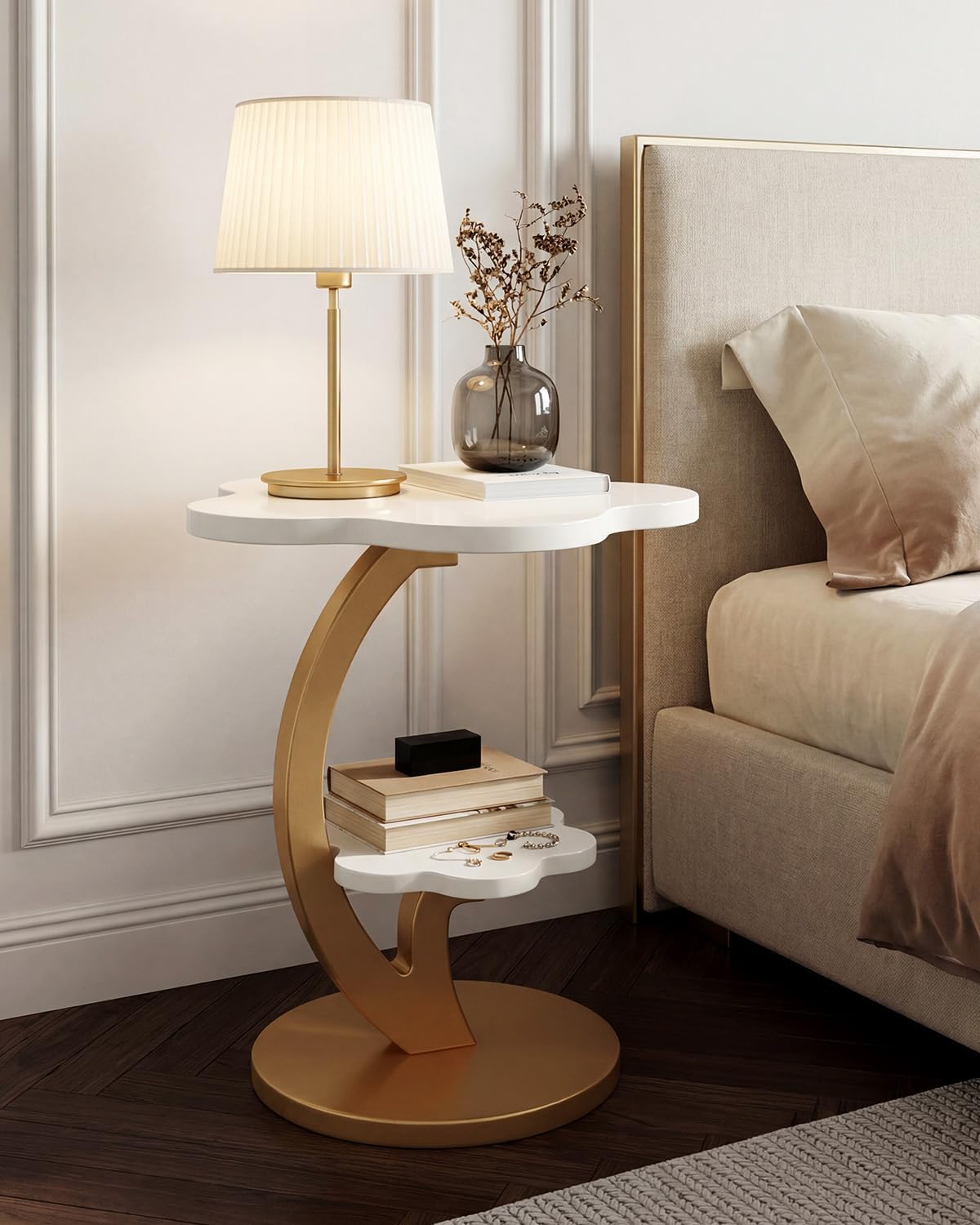 LITTLE TREE End Table, 2-Tier Sofa Side Table, Flower Nightstand with C-Shaped Gold Frame, Modern Luxury Accent Table for Living Room, Bedroom, Small Spaces, Easy Assembly, Glossy Gold + White, 2 PCS