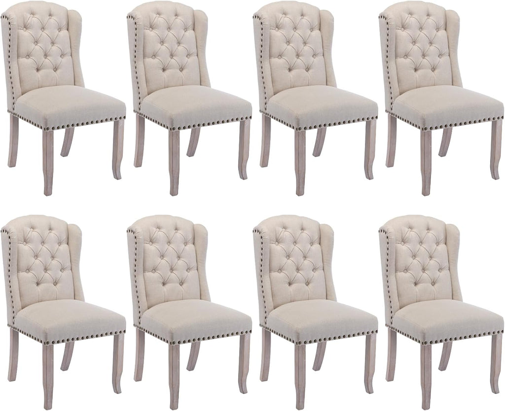 Ya-Home Modern Tufted Dining Chairs Set of 8, Upholstered Kitchen Side Accent Chairs with Wingback Nail Trims Wood Legs, Farmhouse Guest Chairs for Dining/Living Room, Linen Beige