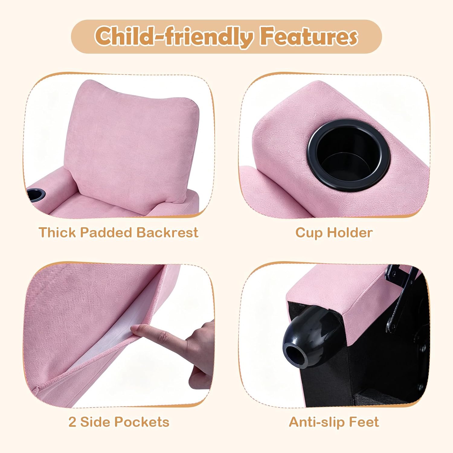 HONEY JOY Kids Recliner with Cup Holder, Chenille Fabric Upholstered Push Back Toddler Sofa w/Storage Pockets, Adjustable Backrest & Footrest, Child Reclining Chair for Ages 3+, Pink