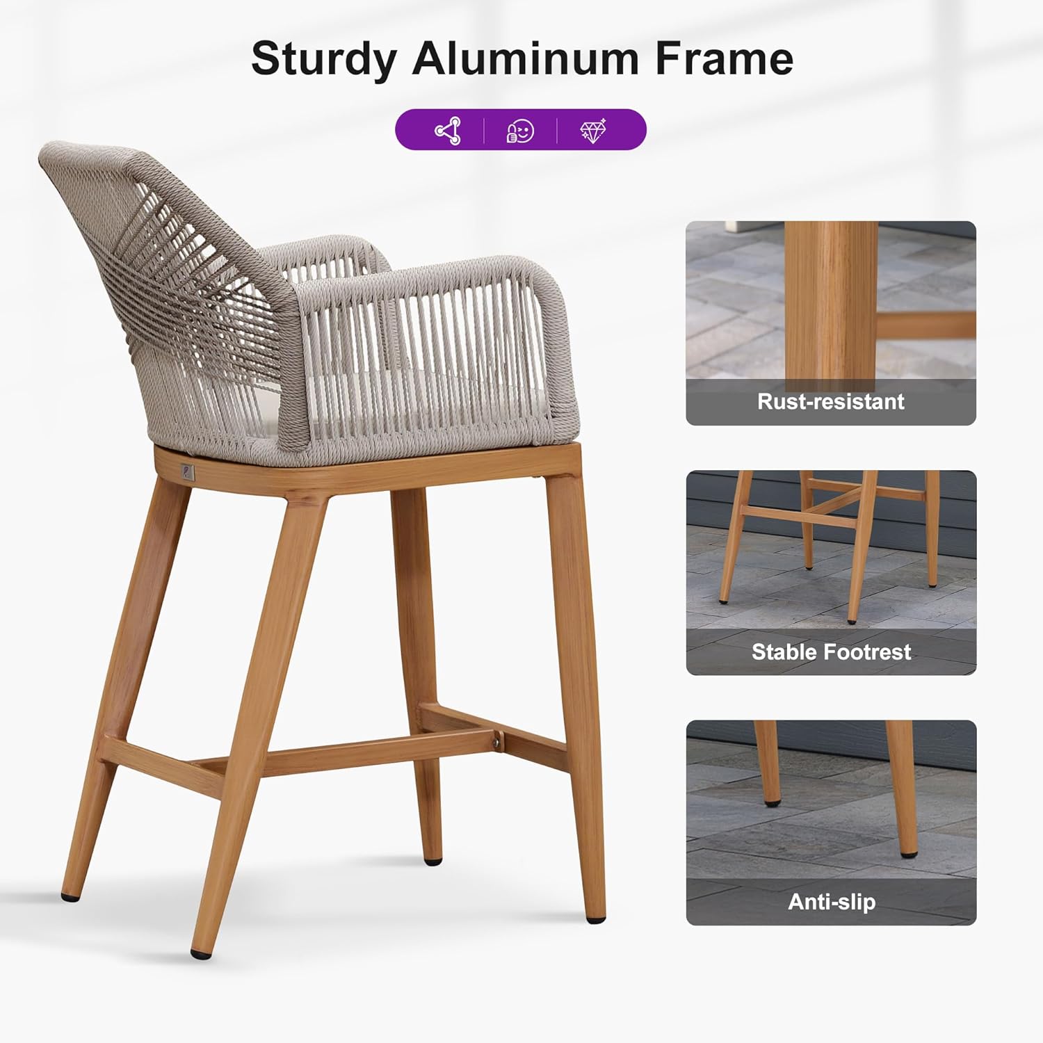 PURPLE LEAF Patio Sunbrella Counter Height Bar Stools 24" H Set of 4 Modern Rattan Outdoor Bar Chairs Wicker Barstools with High Arms Backs for Outside Island Kitchen Backyard Teak