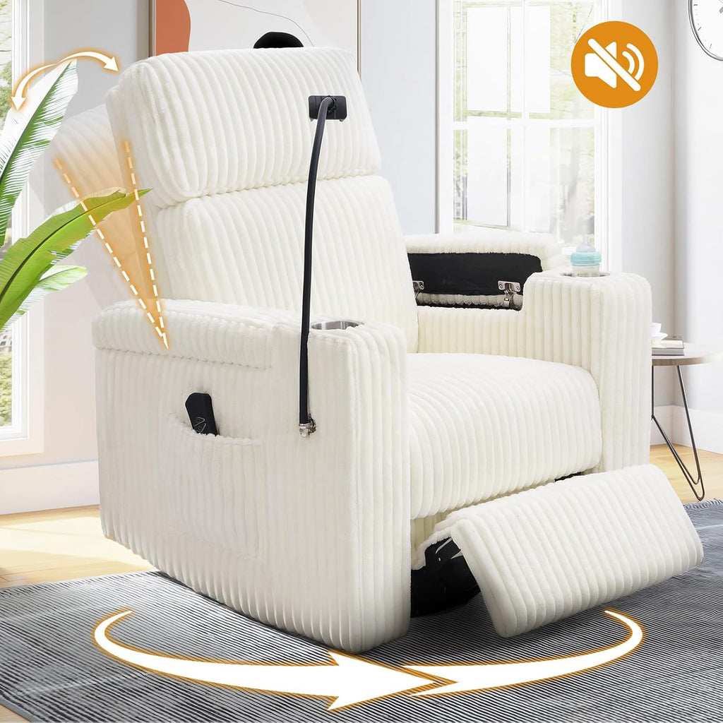 Power Swivel Rocking Chair Nursery with Armrest Storage, Skin-Friendly White Corduroy Nursing Chair Copy Thickened High-Density Foam Rocking Recliner with USB & C Port, Cup & Phone Holder